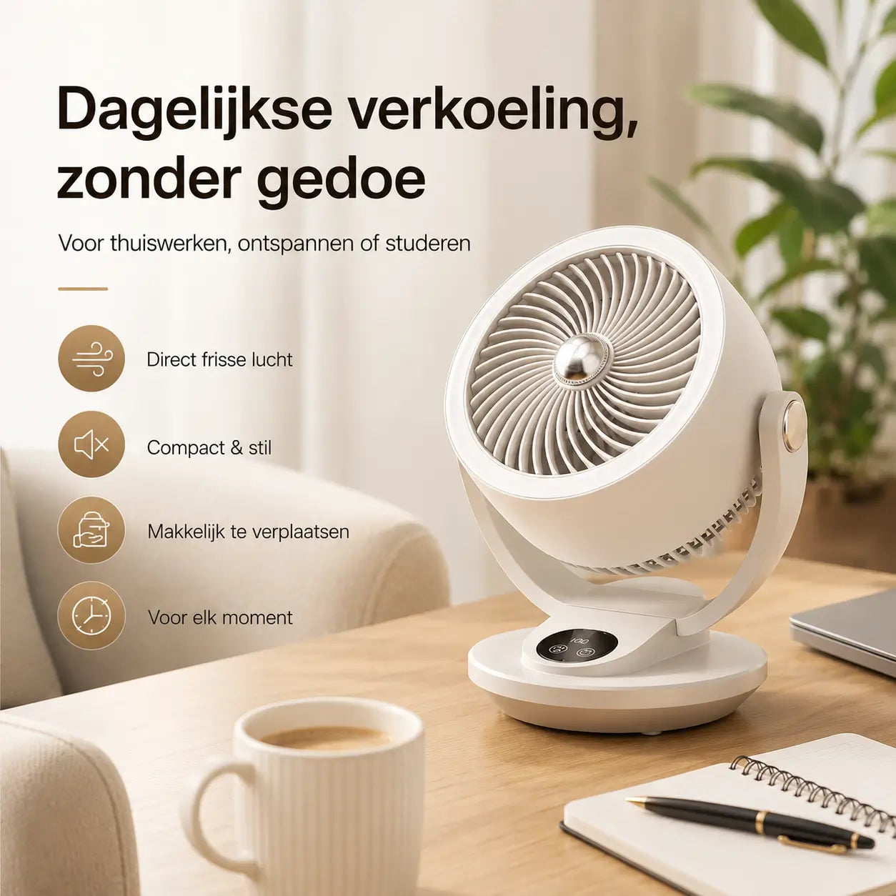 WindSfeer Compacte Tafelventilator Stil USB of Netvoeding 360° Luchtcirculatie