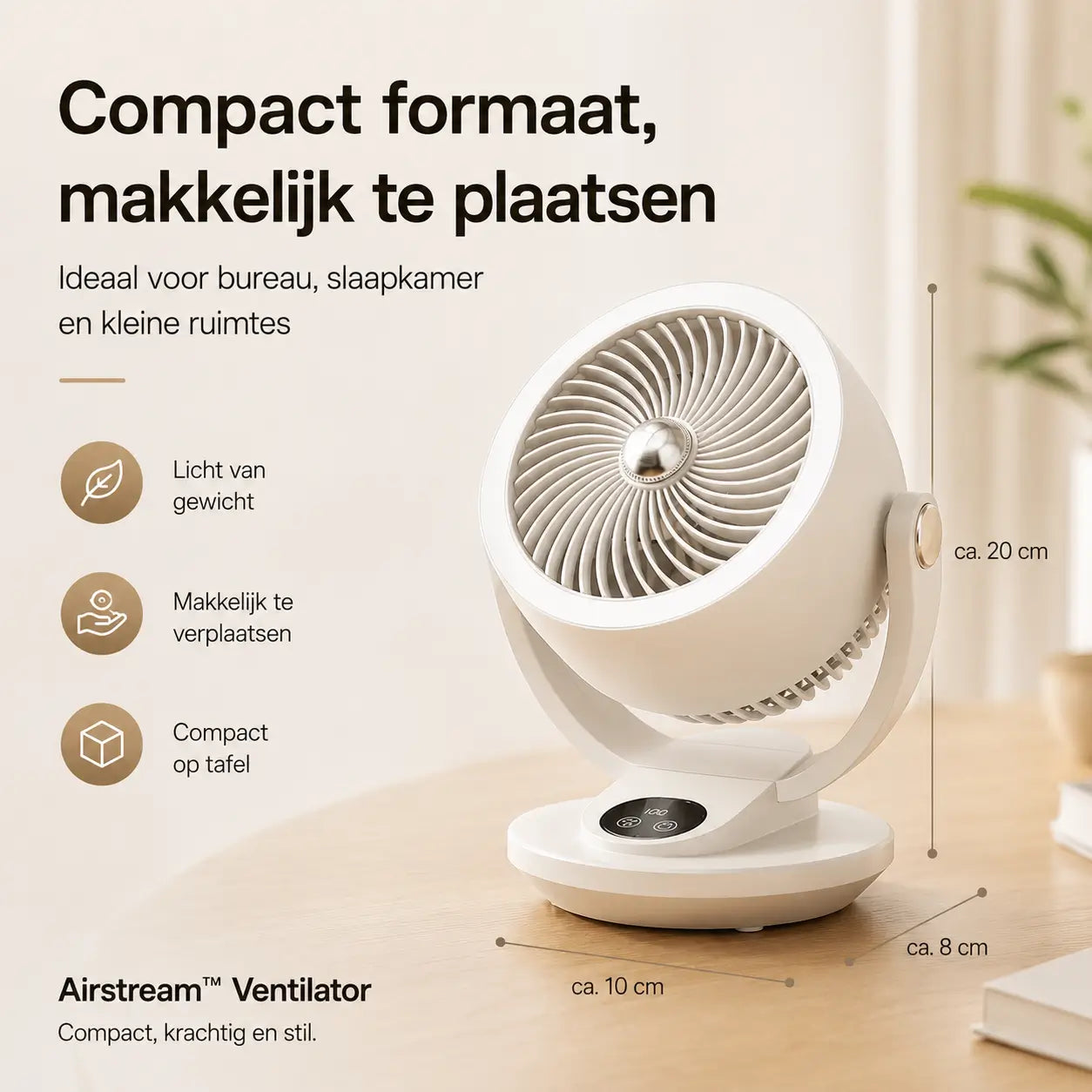 WindSfeer Compacte Tafelventilator Stil USB of Netvoeding 360° Luchtcirculatie