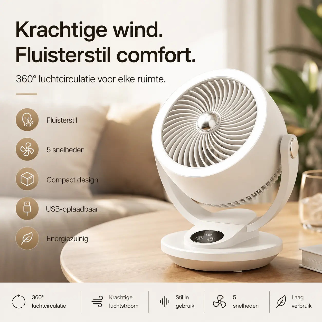 WindSfeer Compacte Tafelventilator Stil USB of Netvoeding 360° Luchtcirculatie