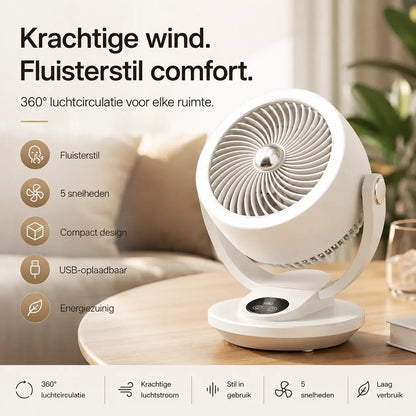 WindSfeer Compacte Tafelventilator Stil USB of Netvoeding 360° Luchtcirculatie
