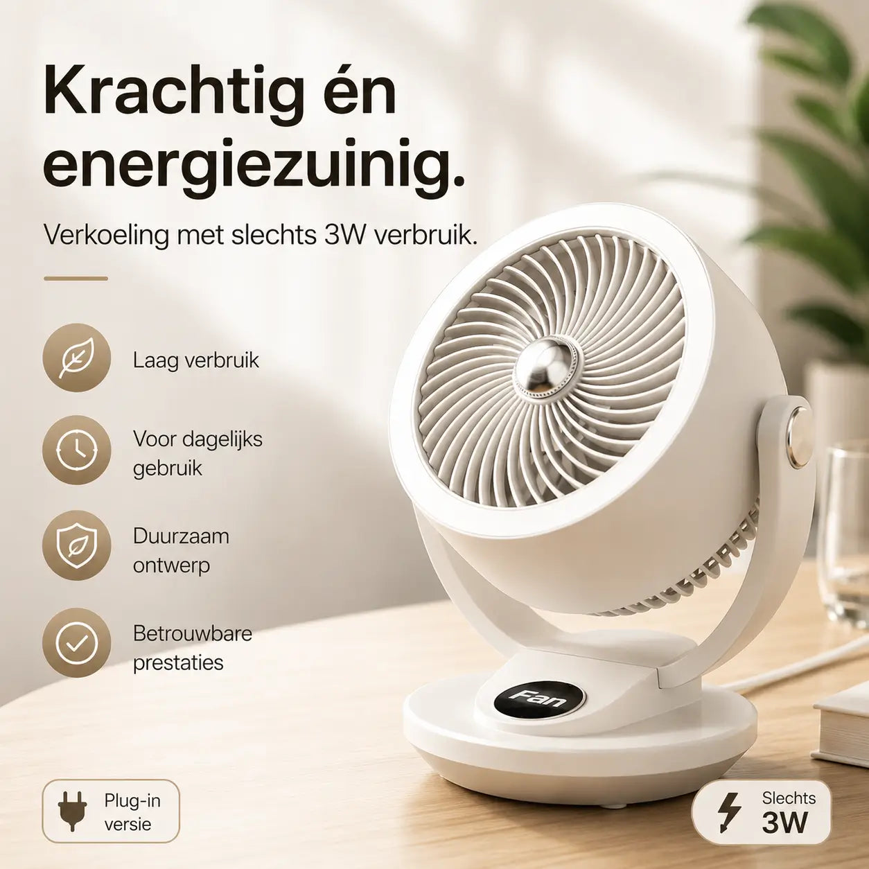 WindSfeer Compacte Tafelventilator Stil USB of Netvoeding 360° Luchtcirculatie