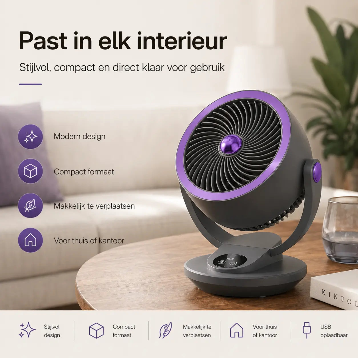 WindSfeer Compacte Tafelventilator Stil USB of Netvoeding 360° Luchtcirculatie