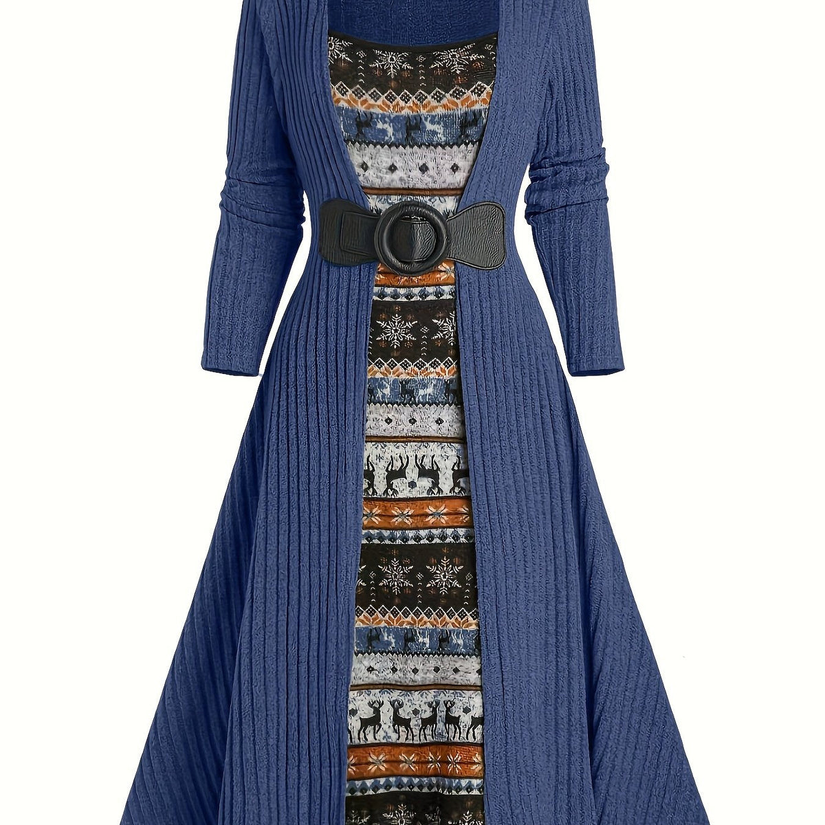 Geribbelde cardigan en jurkset met winterpatroon, lange model, riem