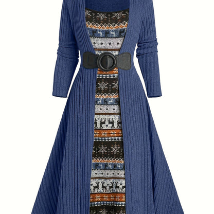 Geribbelde cardigan en jurkset met winterpatroon, lange model, riem