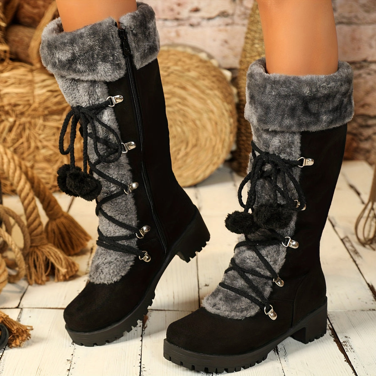 Damschoenen met nepbont en rits, zwart