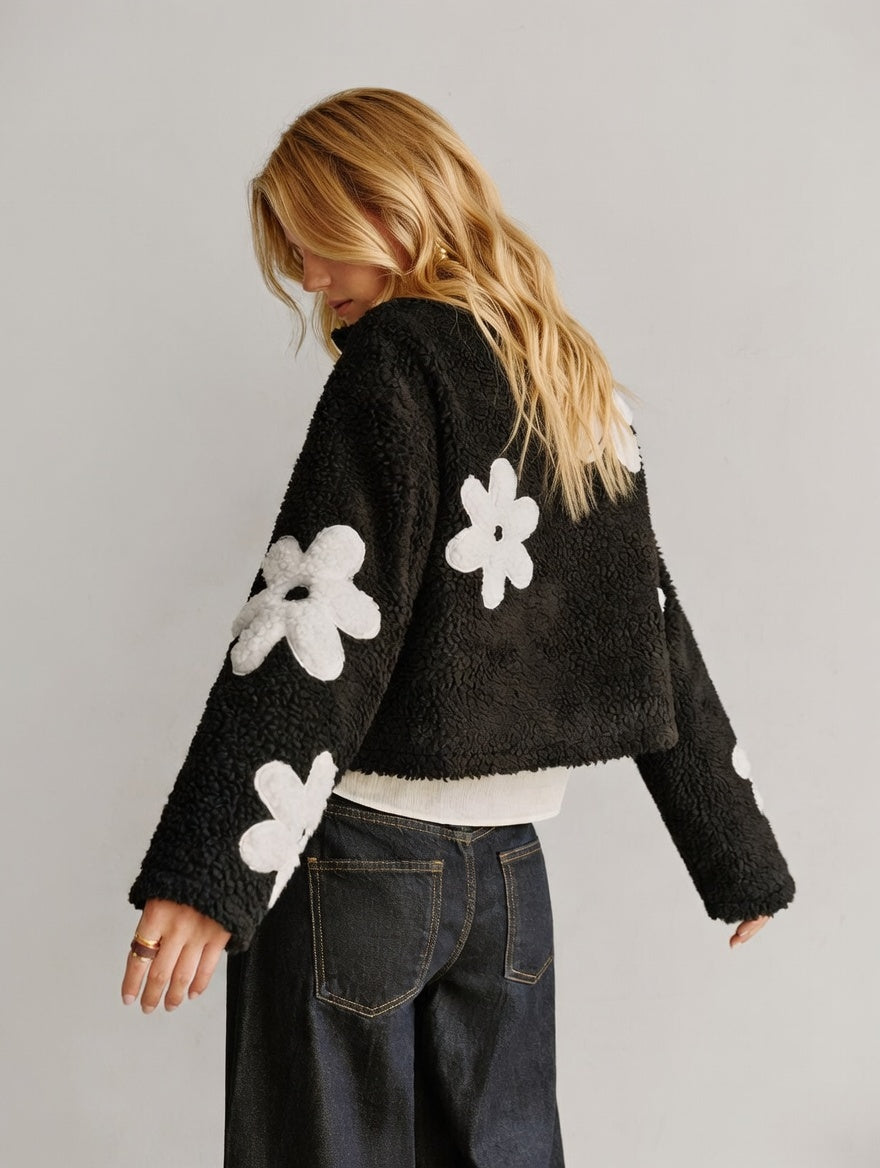 Floriviva Teddy Damesjas met Bloemenprint en Hoge Kraag