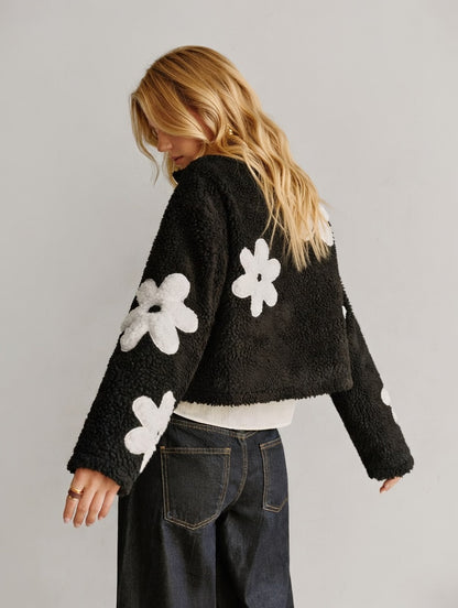 Floriviva Teddy Damesjas met Bloemenprint en Hoge Kraag