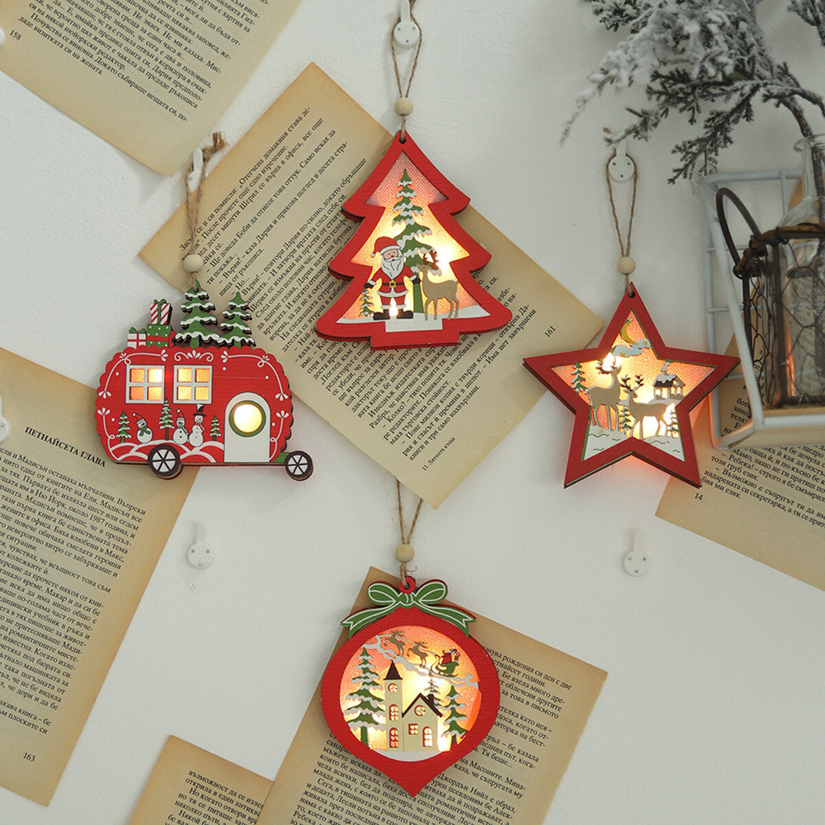 Kersthoutje – Houten Kerstornament Warm Wit met Ophangkoord