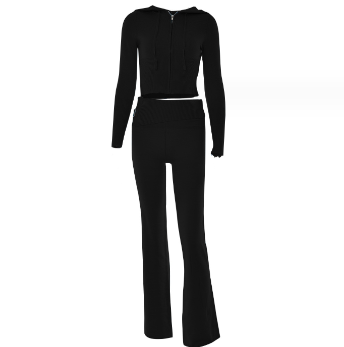 Ribbelora – 2-delige dames set met cropped hoodie en flared broek