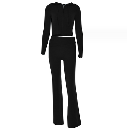Ribbelora – 2-delige dames set met cropped hoodie en flared broek