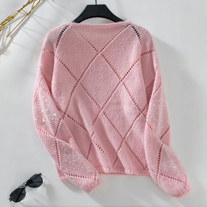 Glansweef Damestrui met Pailletten – Luchtige Pullover met Ronde Hals