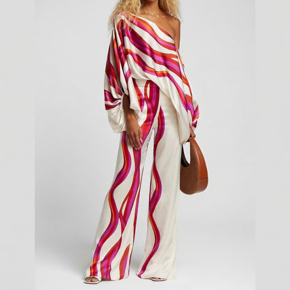 Satijnglans Off-Shoulder Set Dames Elegant Patroon Tweedelig