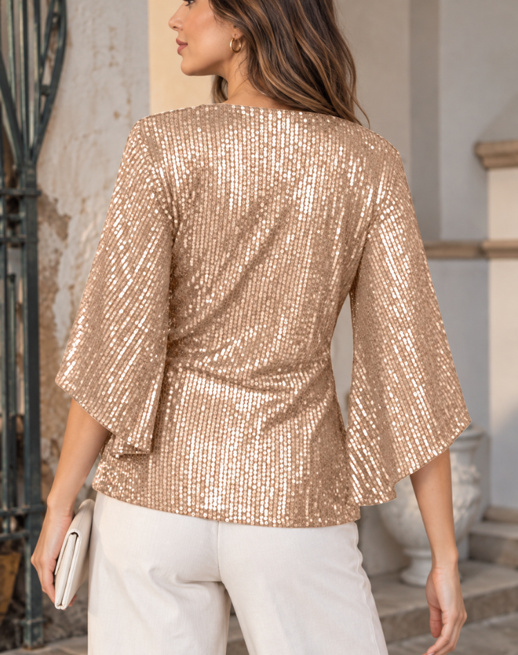 Feestglans – Damesblouse met Pailletten, V-hals en Splitmouwen