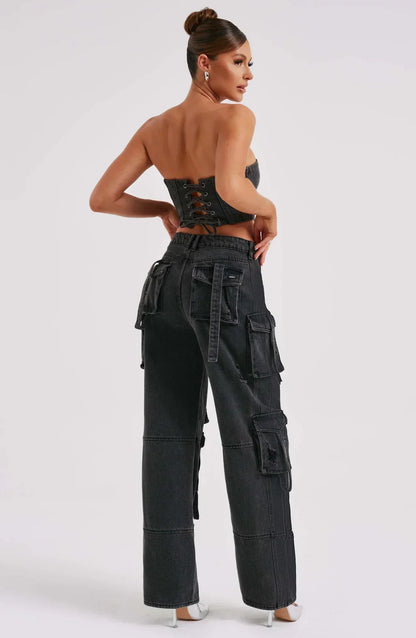 Livia Denim Set Dames met Korset Top en Cargo Jeans