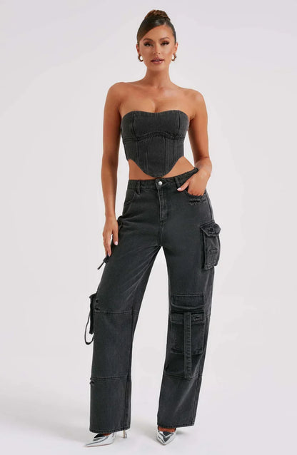 Livia Denim Set Dames met Korset Top en Cargo Jeans