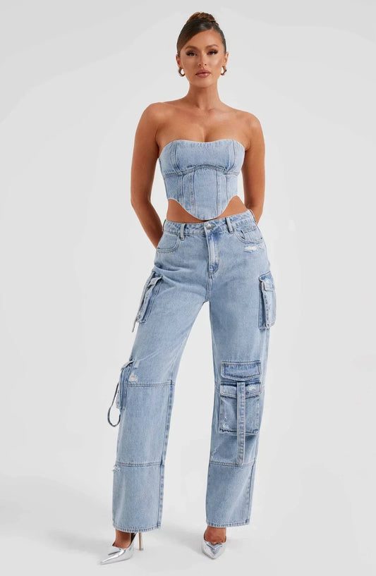 Livia Denim Set Dames met Korset Top en Cargo Jeans