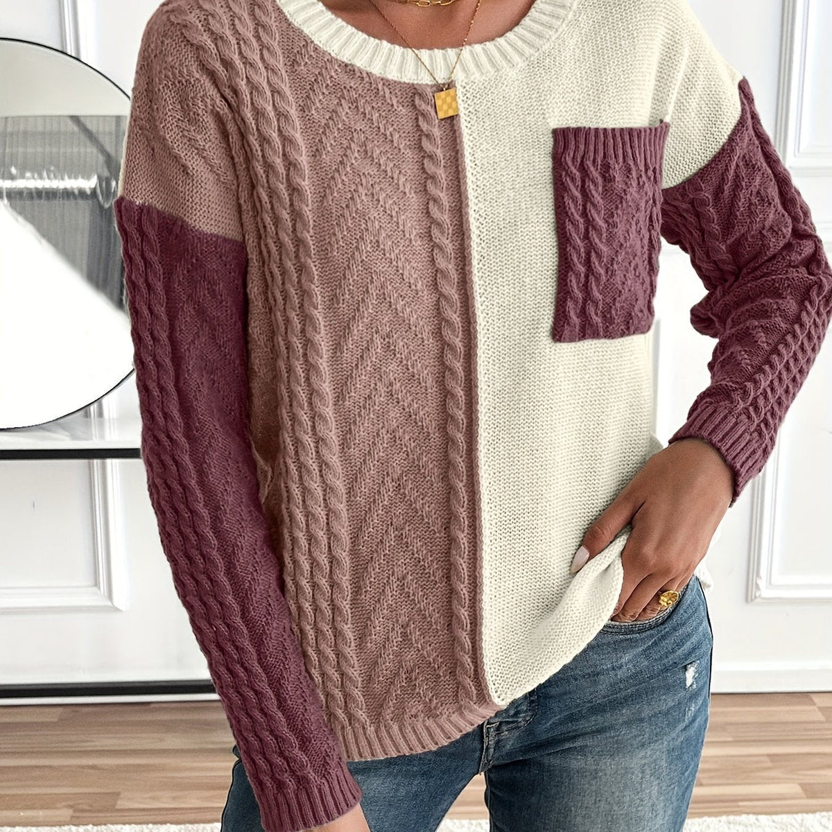 Damestrui Multicolor met Ronde Hals, Kabelpatroon en Borstzak