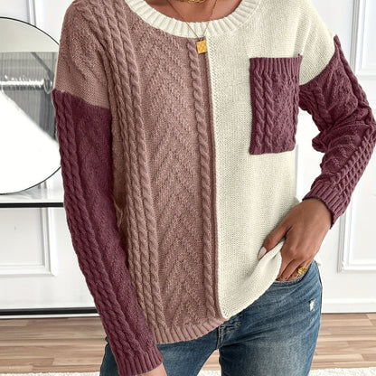 Damestrui Multicolor met Ronde Hals, Kabelpatroon en Borstzak
