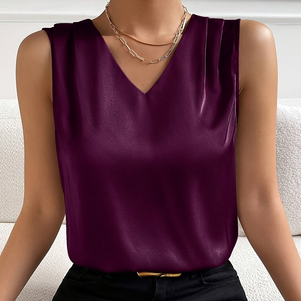 Dames Elegante Mouwloze V-hals Blouse voor Kantoor en Feest