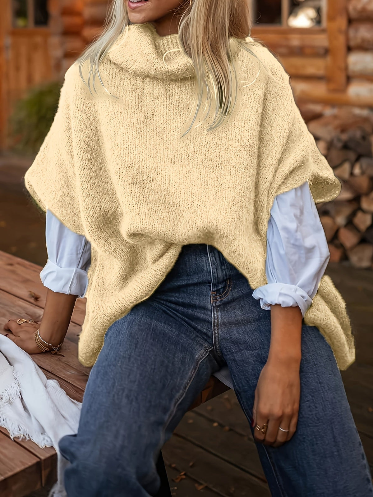 Gebreide poncho-top met polokraag en korte mouwen, losse pasvorm