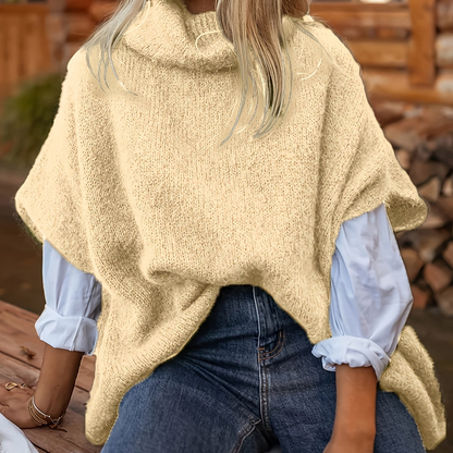 Gebreide poncho-top met polokraag en korte mouwen, losse pasvorm