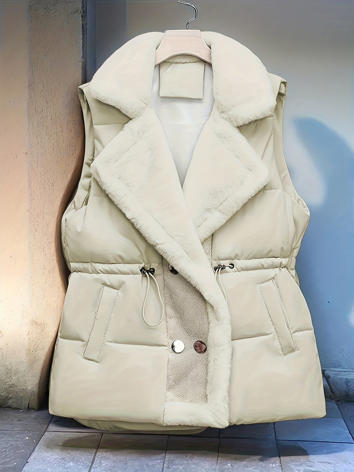 Dames gewatteerde vest met nepbontdetails en taillekoord