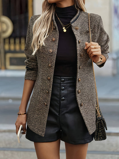 Bruine Damesblazer met Dubbele Knoopsluiting en Zwarte Kleurnuances