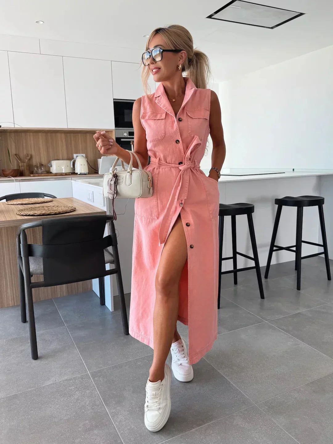Glamoure Zomerse Haven Denim Doorknoopjurk Mouwloos Losvallend