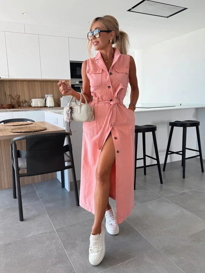 Glamoure Zomerse Haven Denim Doorknoopjurk Mouwloos Losvallend