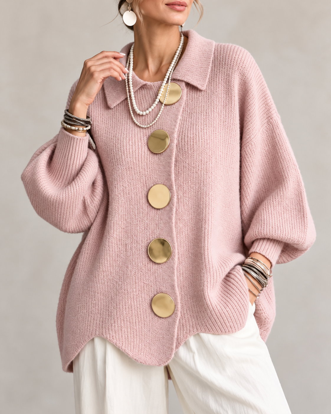 Fleur Oversized Gebreid Damesvest met Kraag en Knopen