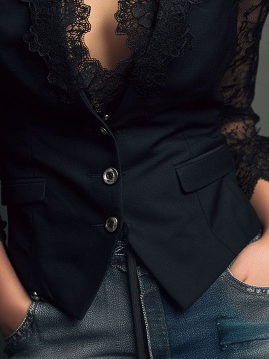 Elise Elegante Damesblazer met Kanten Mouwen – Verfijnde Look