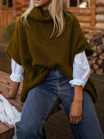 Gebreide poncho-top met polokraag en korte mouwen, losse pasvorm
