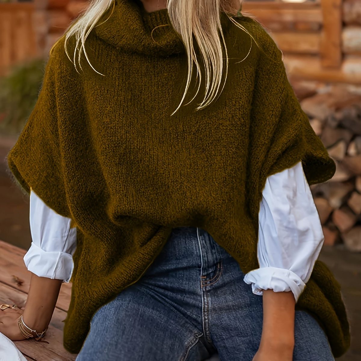 Gebreide poncho-top met polokraag en korte mouwen, losse pasvorm