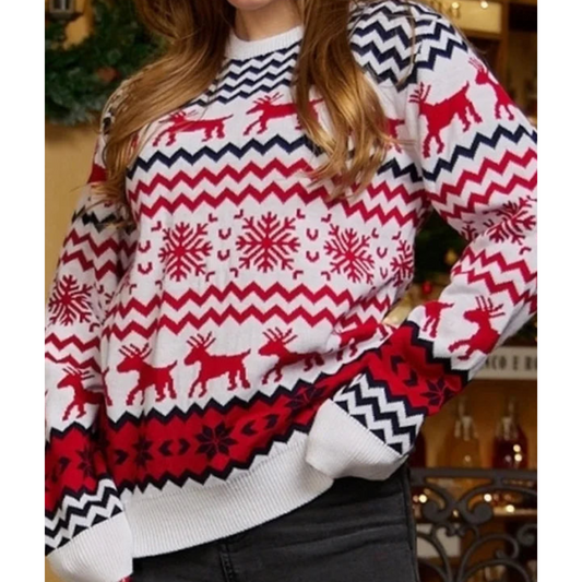 Rendierwarm Dames Kersttrui met Nordic Patroon en Lange Mouwen