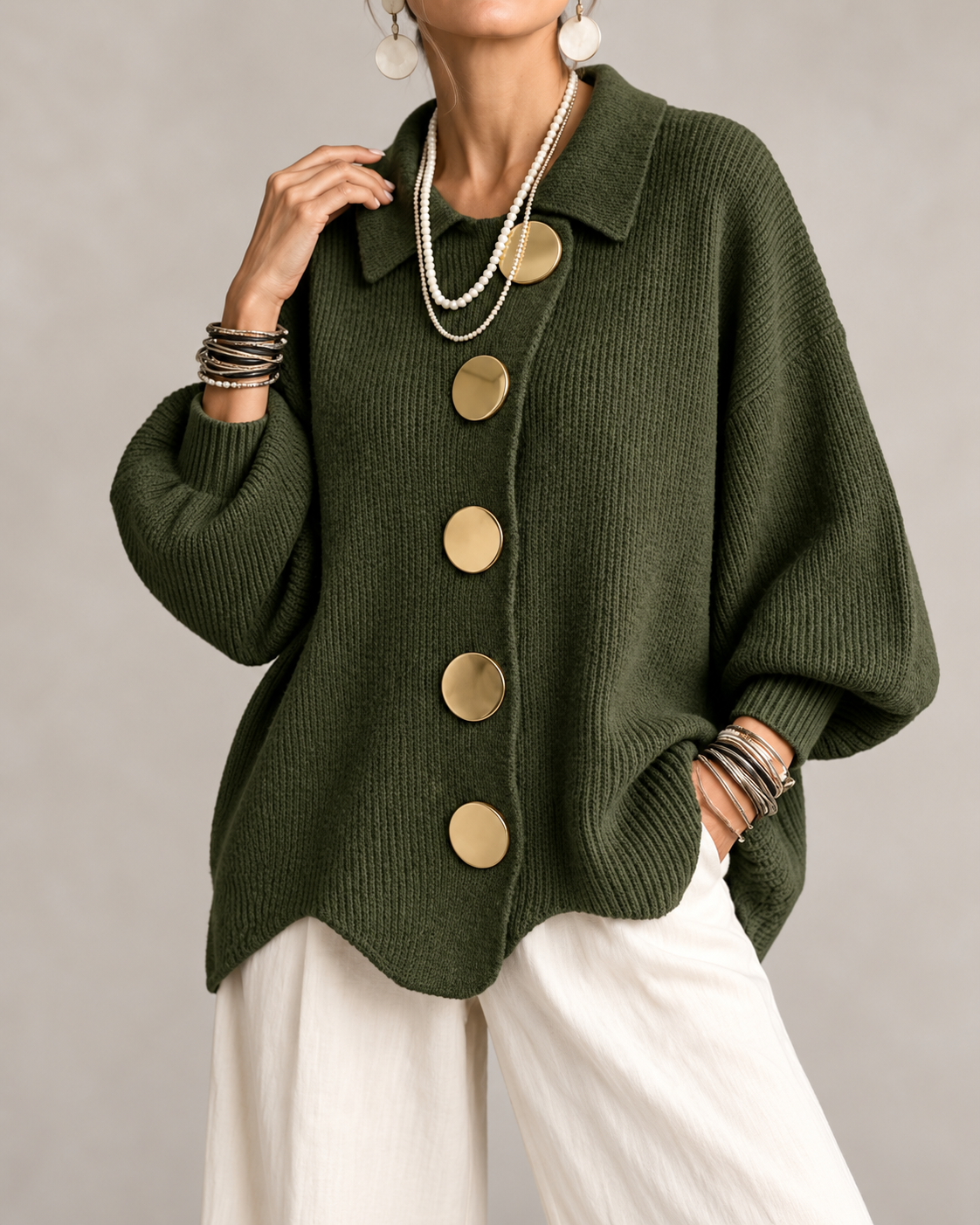 Fleur Oversized Gebreid Damesvest met Kraag en Knopen