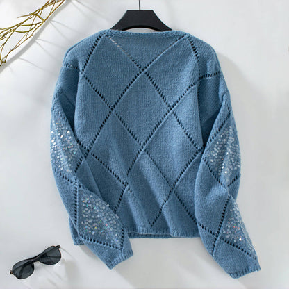 Glansweef Damestrui met Pailletten – Luchtige Pullover met Ronde Hals