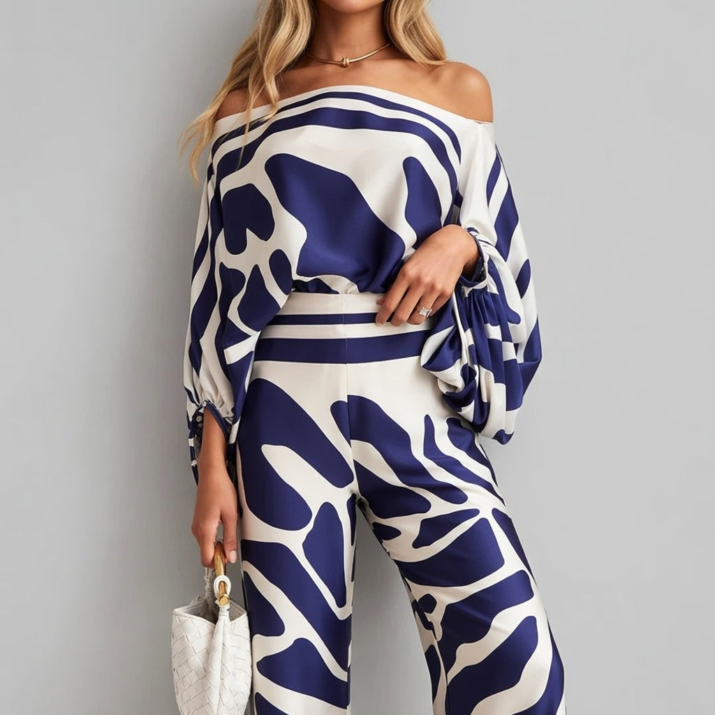 Satijnglans Off-Shoulder Set Dames Elegant Patroon Tweedelig
