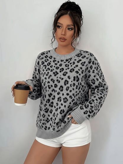Damestriktrøje med leopardmønster, rund hals, lange ærmer