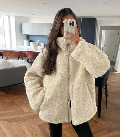 Elara Dames Teddy Jas – Oversized Winterjas met Hoge Kraag
