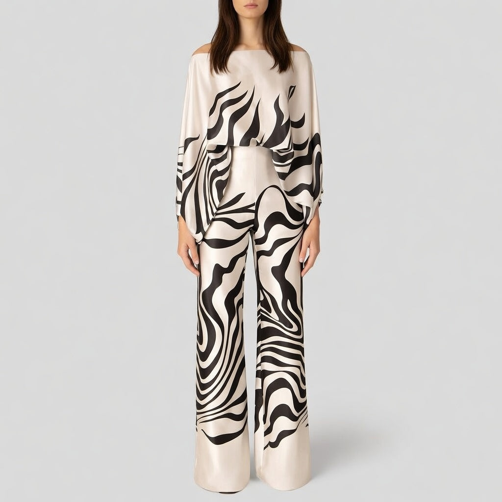 Satijnglans Off-Shoulder Set Dames Elegant Patroon Tweedelig