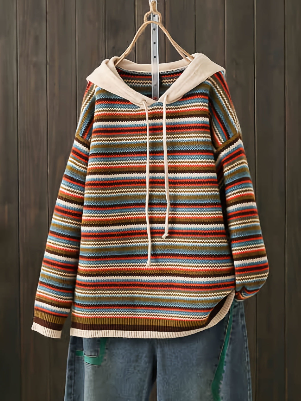 Randig gebreide hoodie met trekkoord