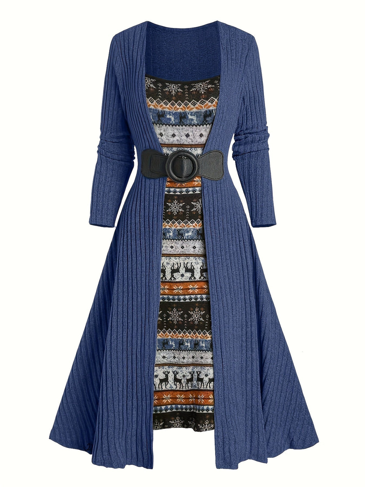 Geribbelde cardigan en jurkset met winterpatroon, lange model, riem