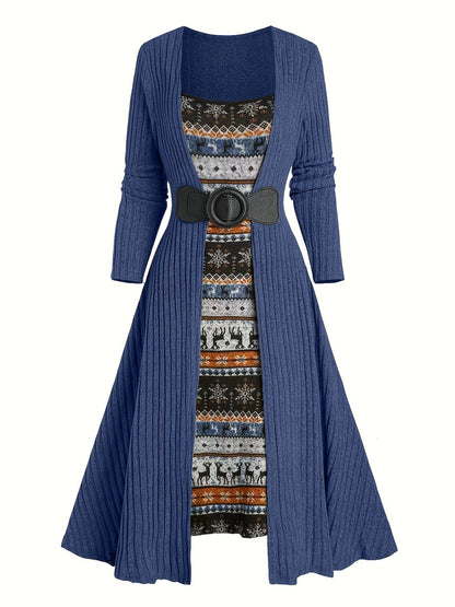 Geribbelde cardigan en jurkset met winterpatroon, lange model, riem