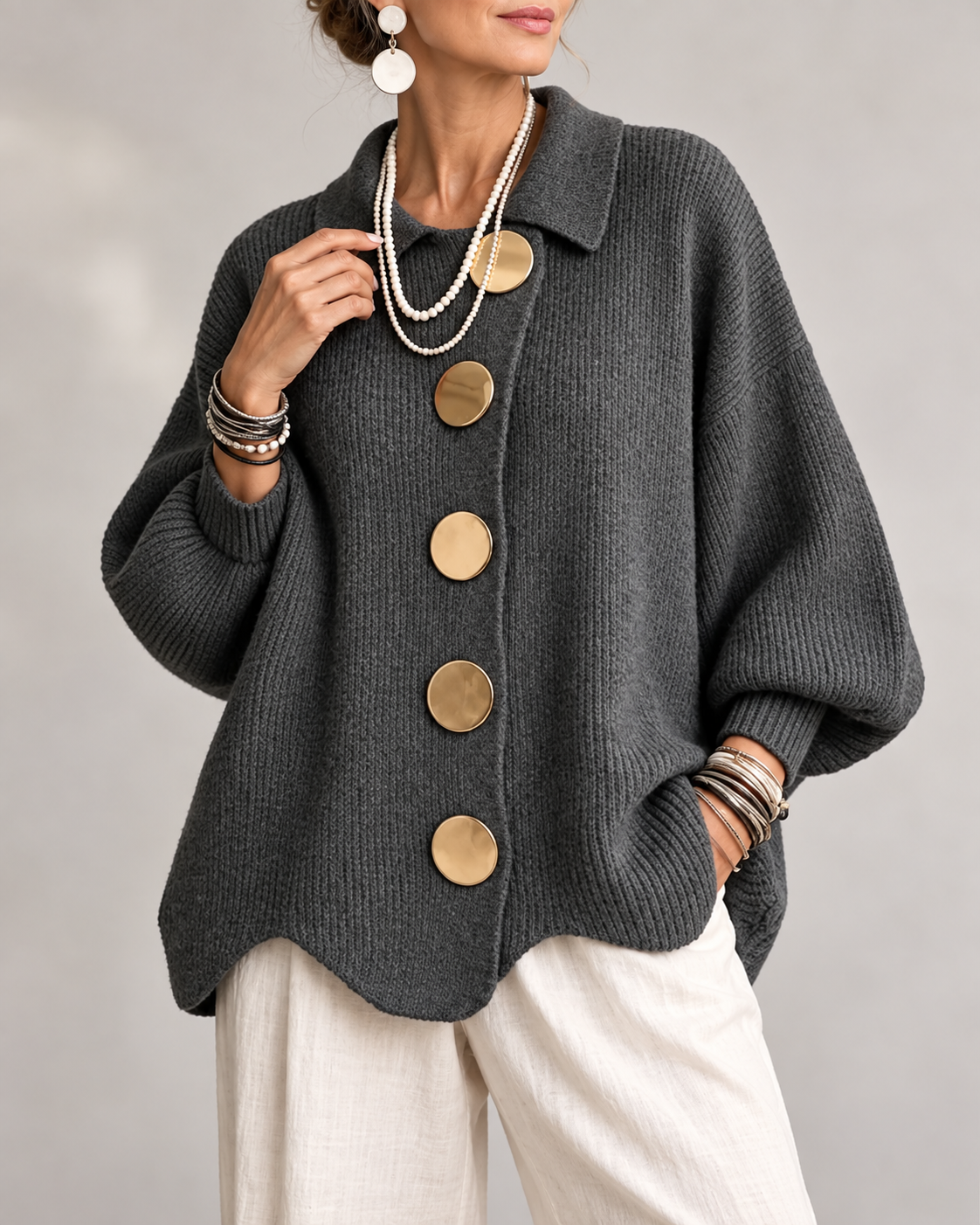 Fleur Oversized Gebreid Damesvest met Kraag en Knopen