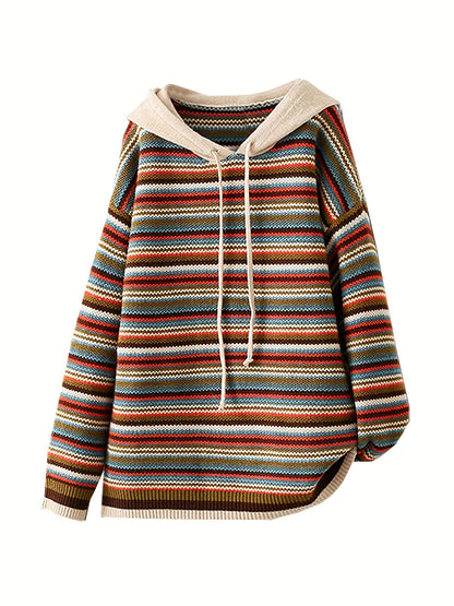 Randig gebreide hoodie met trekkoord