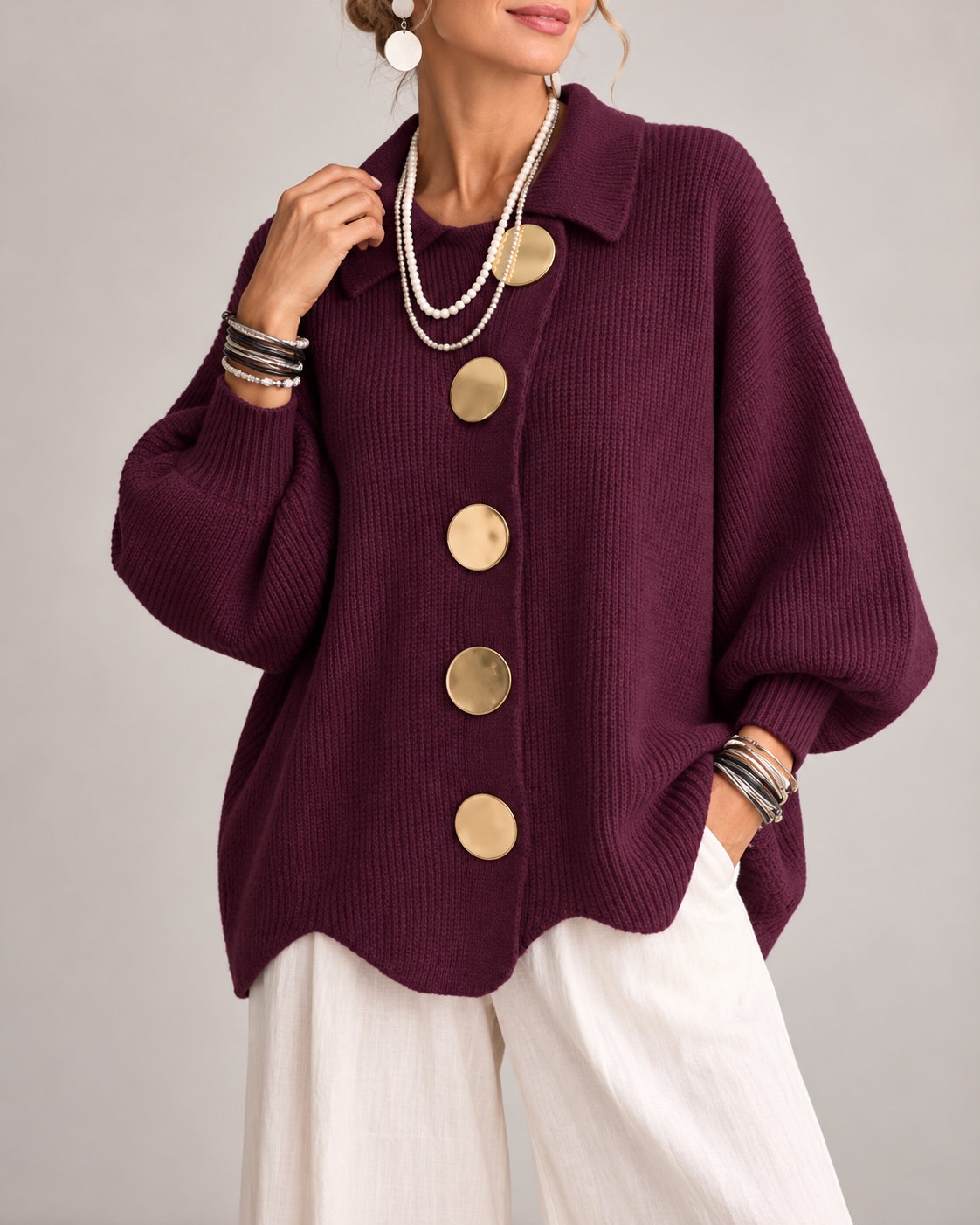 Fleur Oversized Gebreid Damesvest met Kraag en Knopen