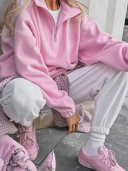 Fleecejack voor dames met halve rits, zachte trui in pastelkleuren