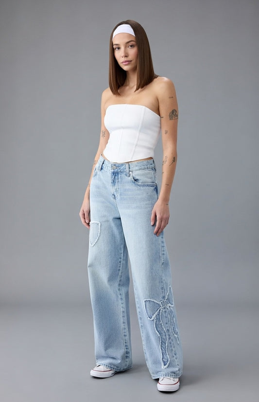 Lunara Dames Strikdetail Jeans – Stijlvolle Denim Broek met Strikken