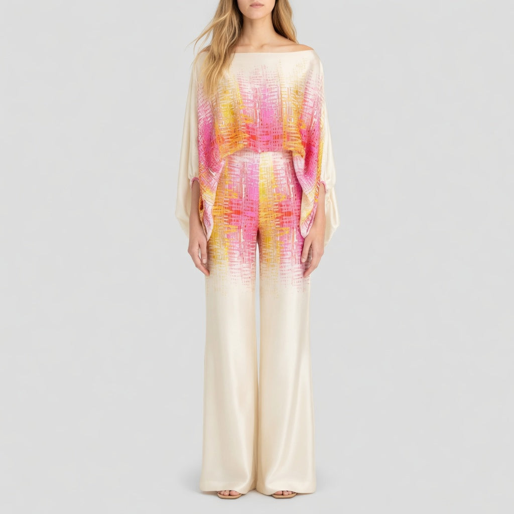 Satijnglans Off-Shoulder Set Dames Elegant Patroon Tweedelig