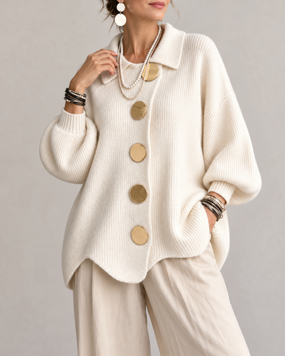 Fleur Oversized Gebreid Damesvest met Kraag en Knopen